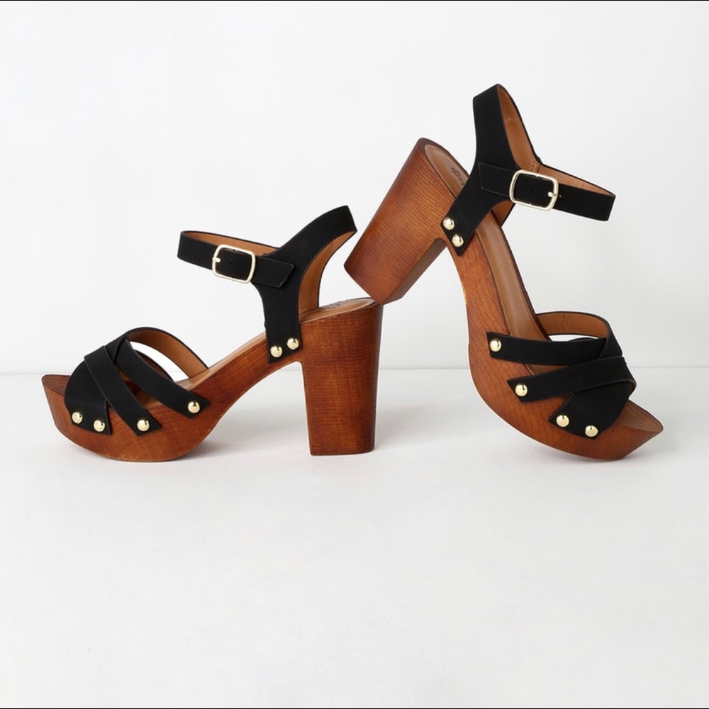 Qupid Talia Black Nubuck Wooden Platform Heels